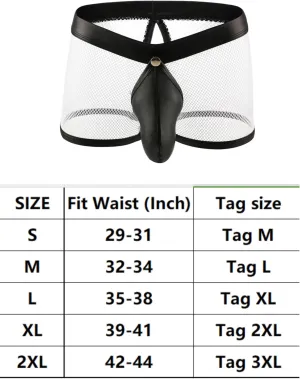Men's See Through Sexy Mesh With Faux Leather Loose Shorts Pants Erotic Clubwear Breathable Boxer Briefs Trunks