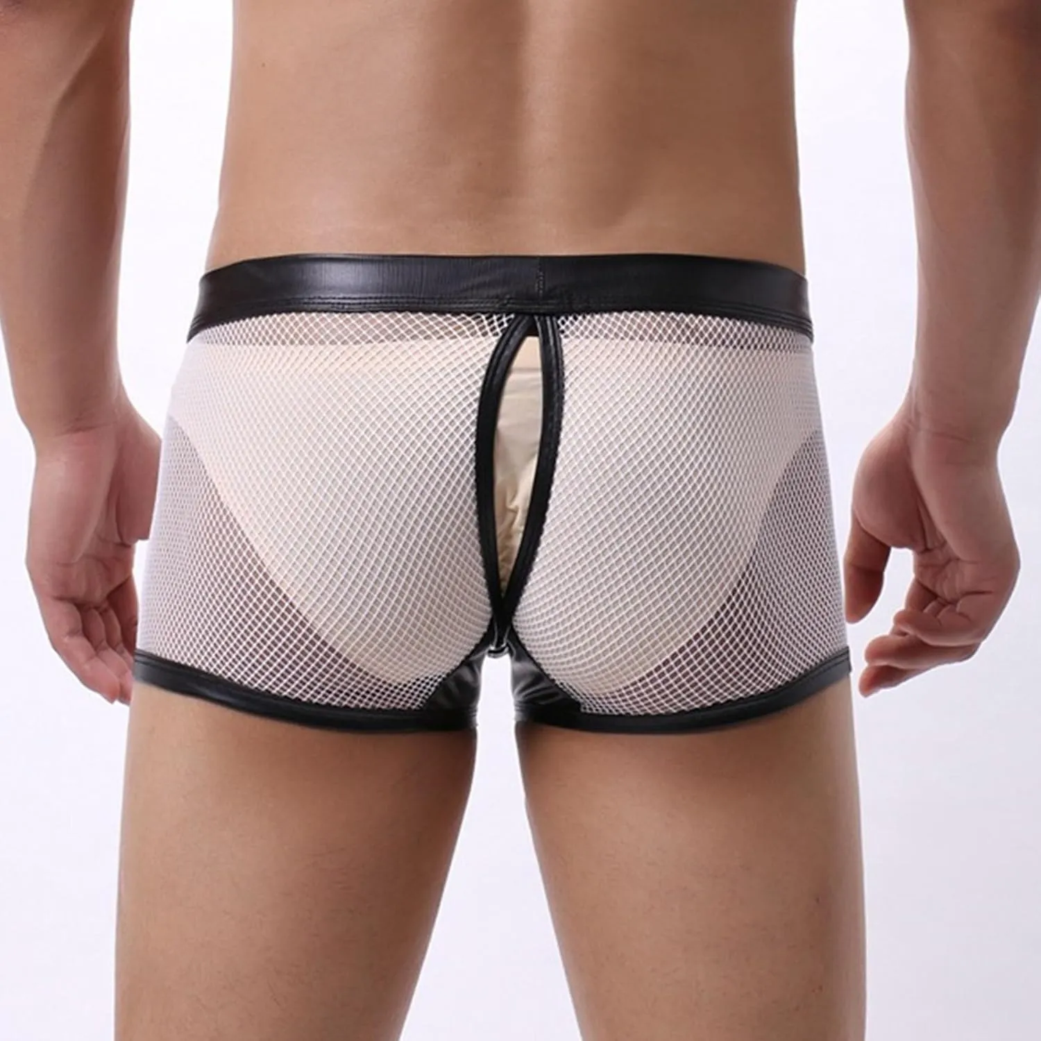 Men's Sexy Breathable Hollow Underwear Button Removable Pouch Shorts Mesh Boxer Briefs See Through Lingerie