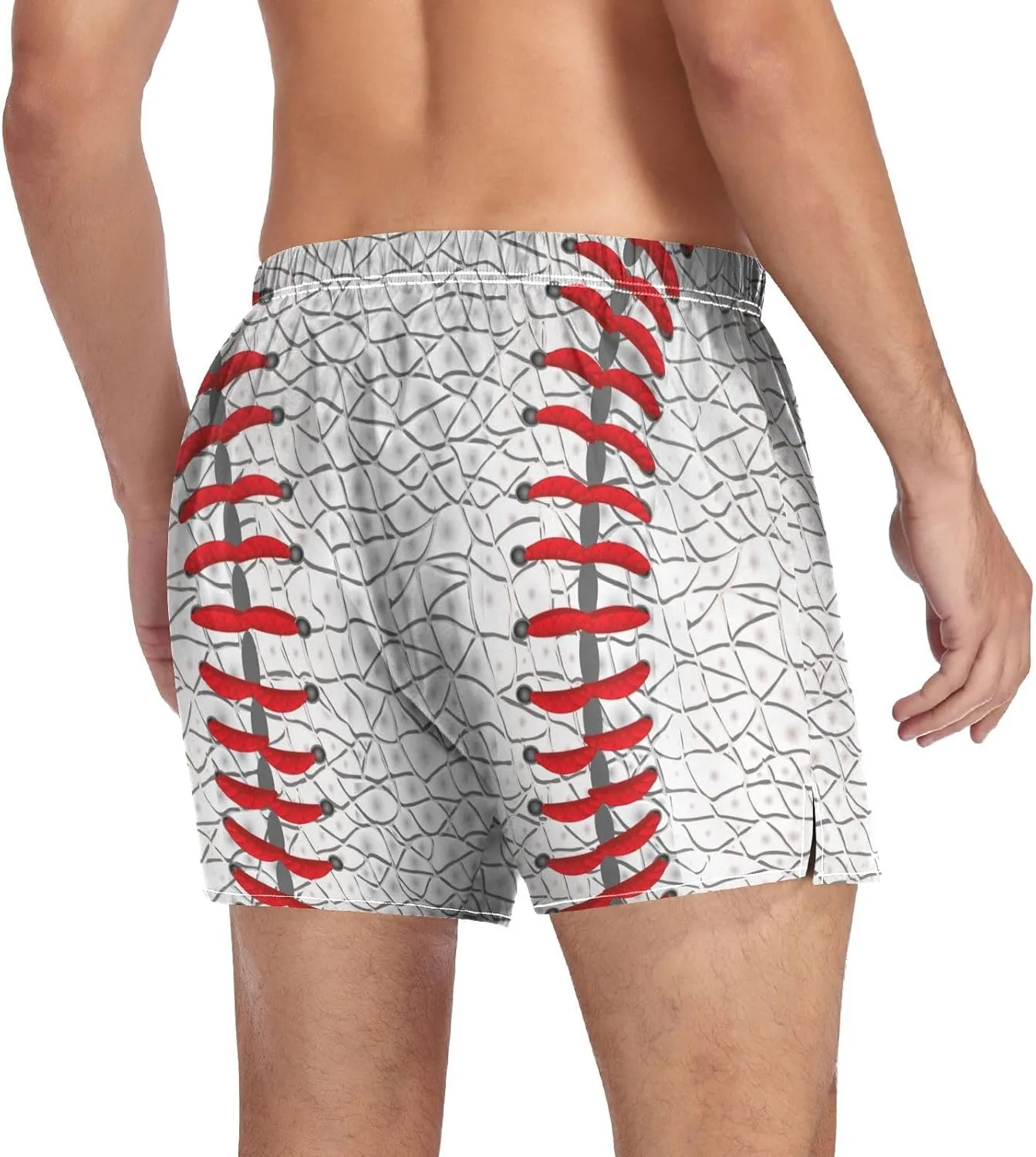 Men's White Leather Baseball Texture Boxer Shorts, Soft Breathable Woven Boxer Briefs Underwear Button Fly