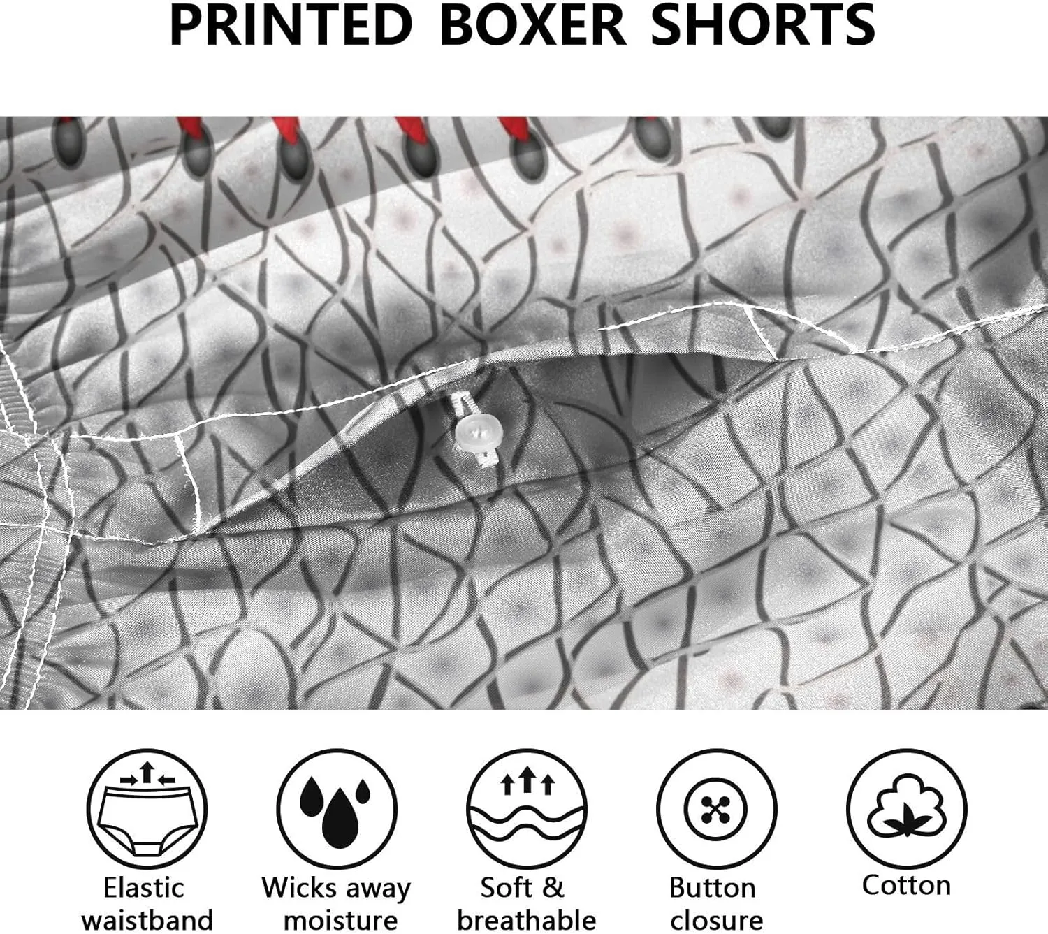 Men's White Leather Baseball Texture Boxer Shorts, Soft Breathable Woven Boxer Briefs Underwear Button Fly