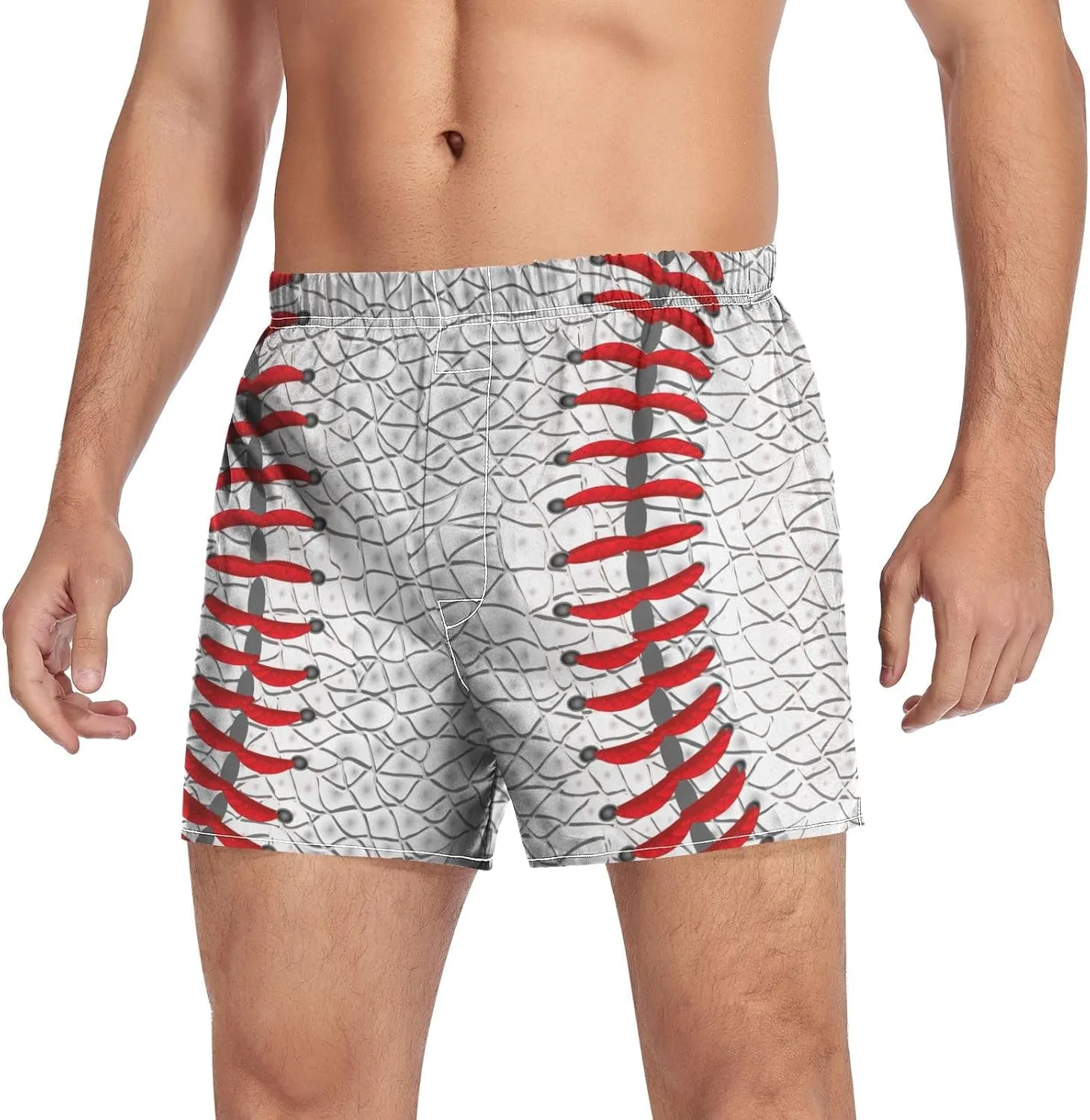Men's White Leather Baseball Texture Boxer Shorts, Soft Breathable Woven Boxer Briefs Underwear Button Fly