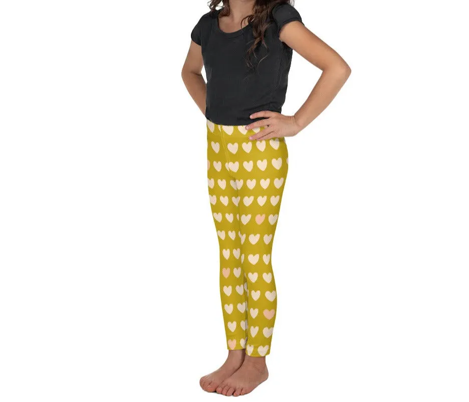 Mustard Yellow & Pink Hearts Kid's Leggings (2T-7)