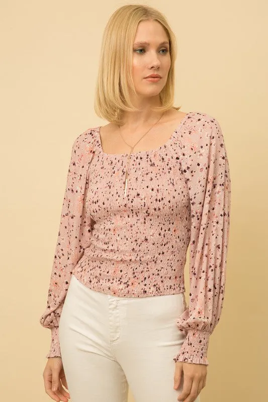 Mystree Mauve Smocked Balloon Sleeve Blouse