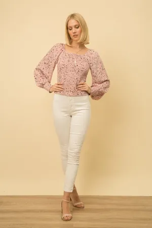 Mystree Mauve Smocked Balloon Sleeve Blouse