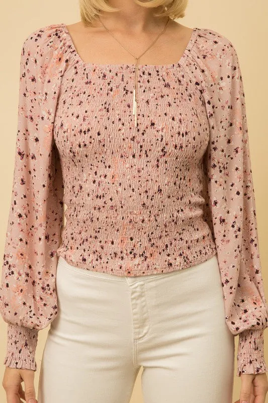 Mystree Mauve Smocked Balloon Sleeve Blouse