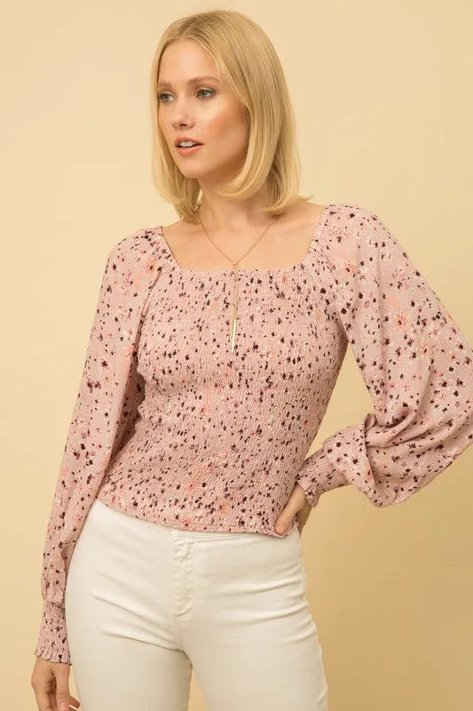 Mystree Mauve Smocked Balloon Sleeve Blouse