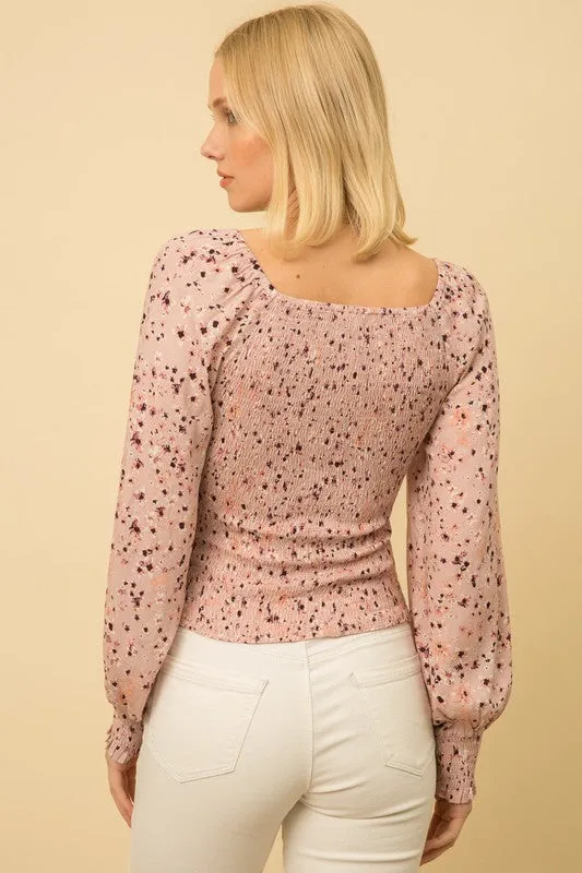 Mystree Mauve Smocked Balloon Sleeve Blouse