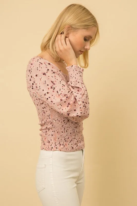Mystree Mauve Smocked Balloon Sleeve Blouse