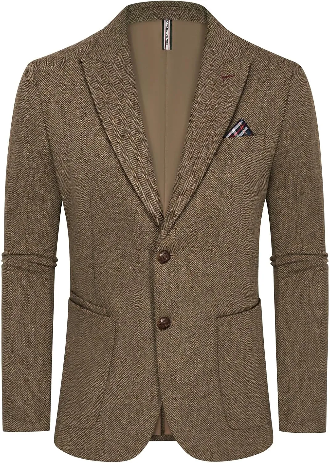 PJ PAUL JONES Mens Blazer Vintage Herringbone Tweed Blazer Two Button Wool Blend Sport Coat with Pocket Square