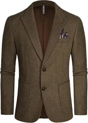 PJ PAUL JONES Mens Blazer Vintage Herringbone Tweed Blazer Two Button Wool Blend Sport Coat with Pocket Square