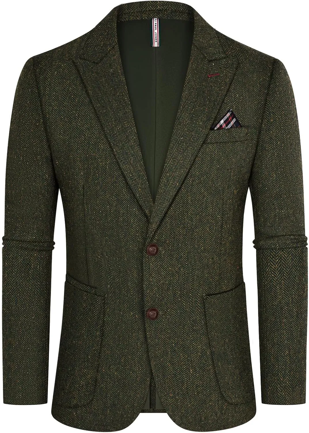 PJ PAUL JONES Mens Blazer Vintage Herringbone Tweed Blazer Two Button Wool Blend Sport Coat with Pocket Square
