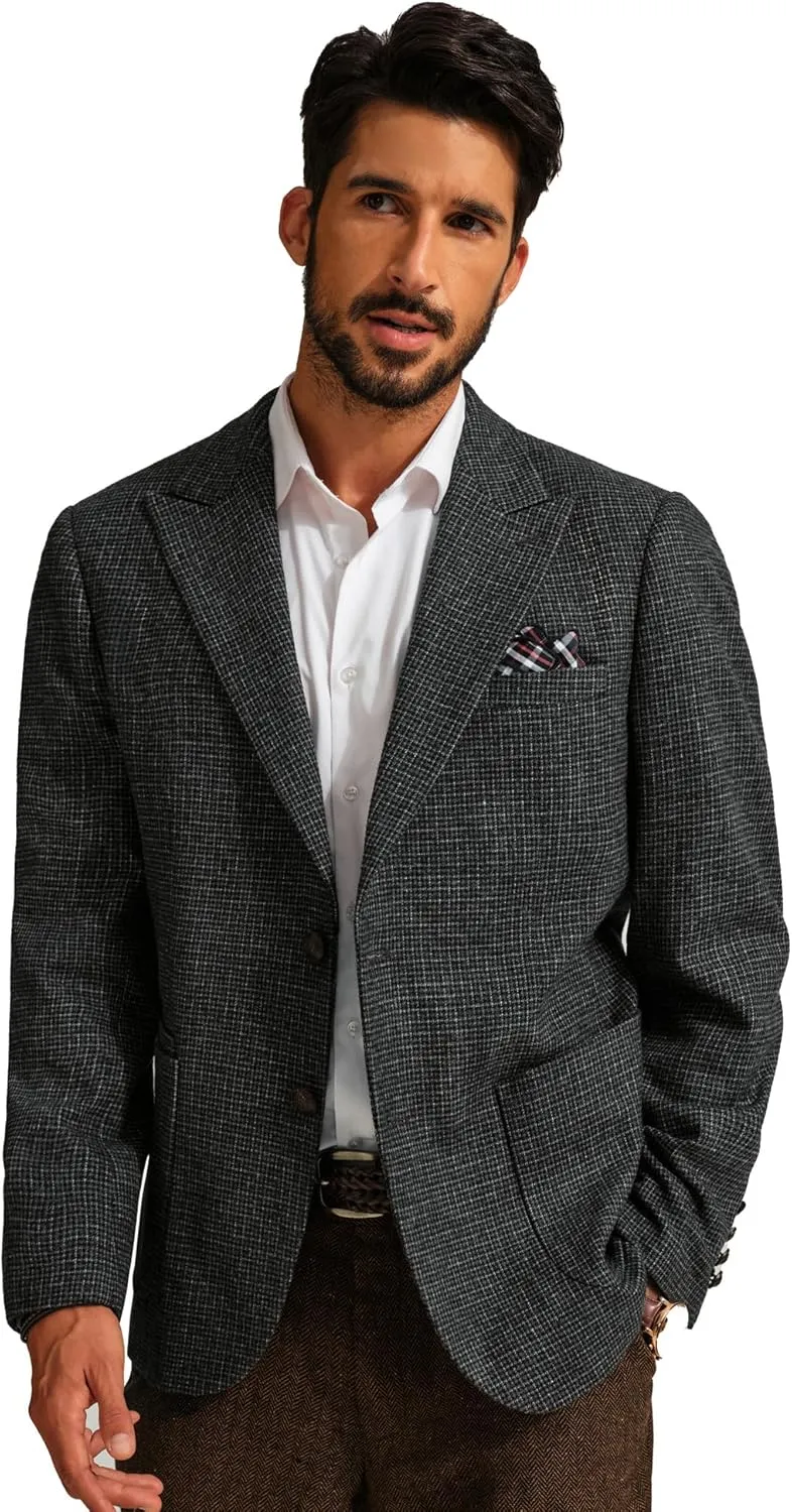 PJ PAUL JONES Mens Blazer Vintage Herringbone Tweed Blazer Two Button Wool Blend Sport Coat with Pocket Square