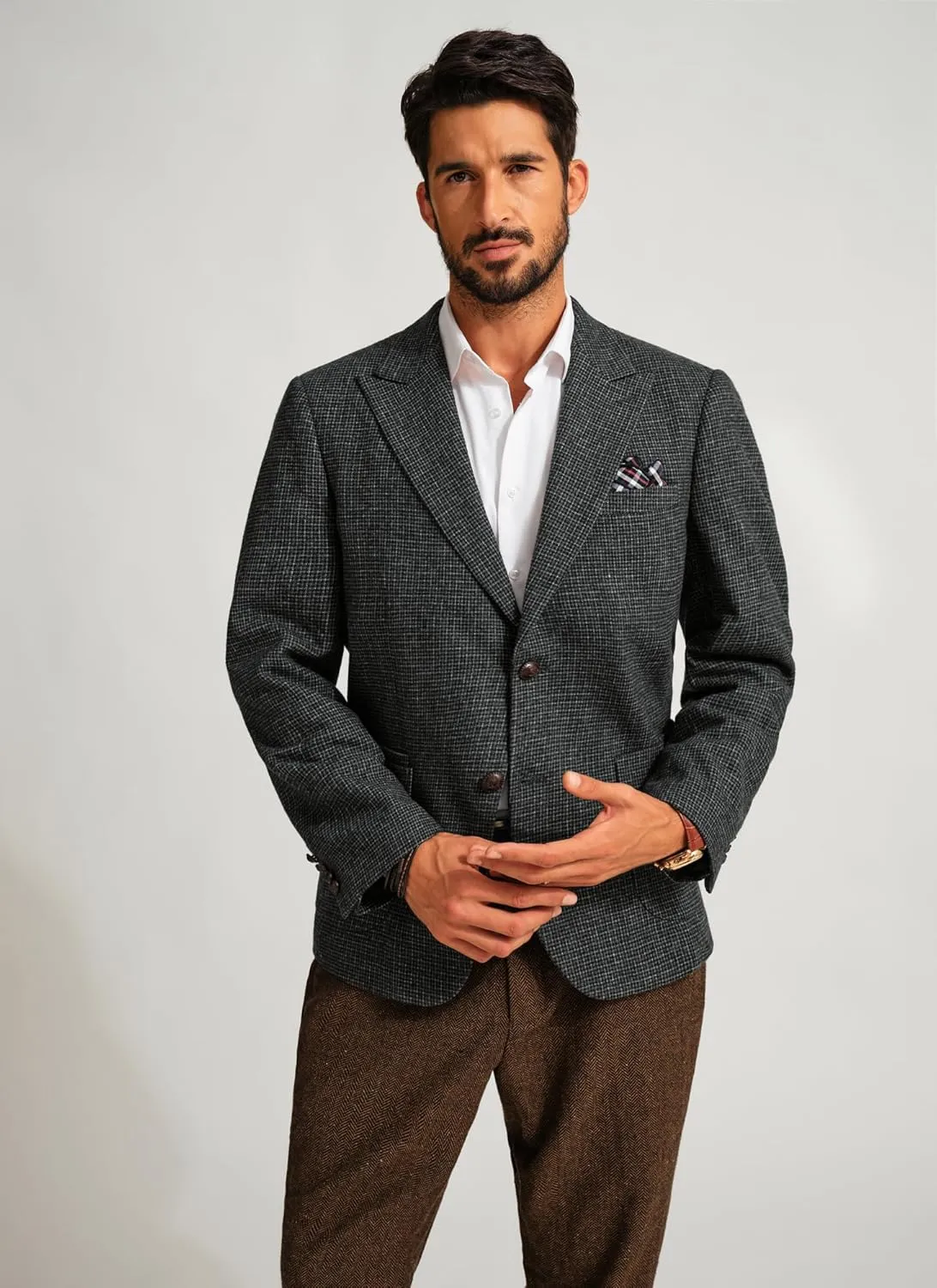 PJ PAUL JONES Mens Blazer Vintage Herringbone Tweed Blazer Two Button Wool Blend Sport Coat with Pocket Square
