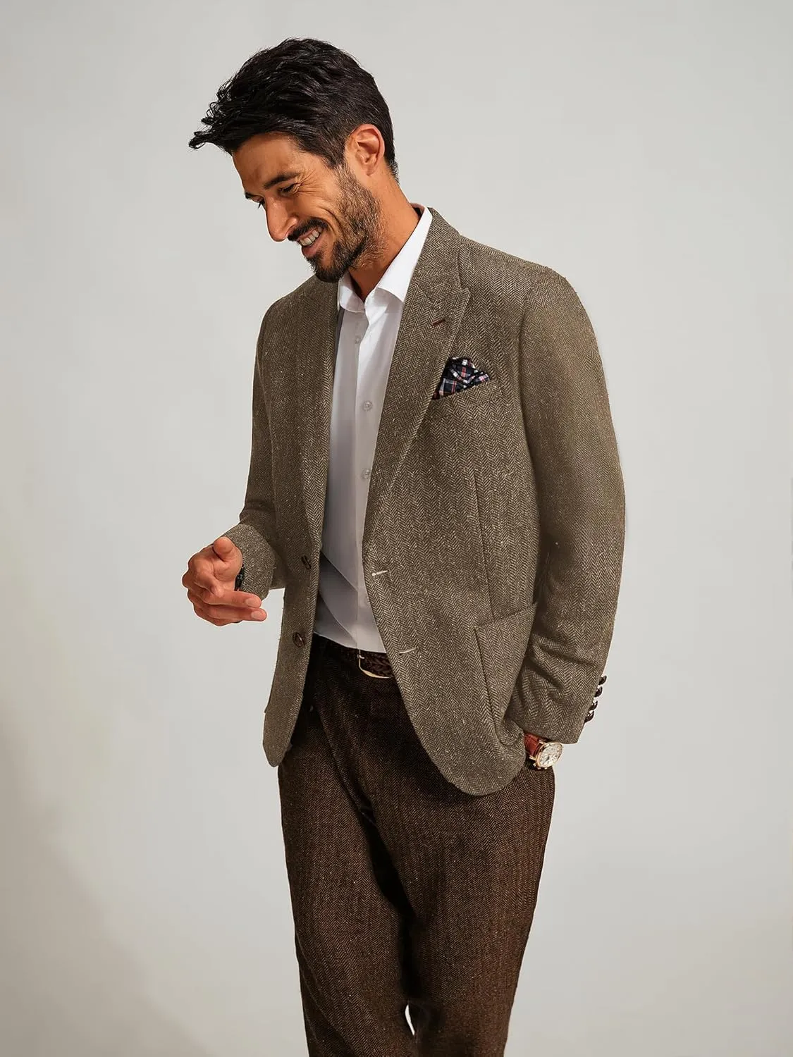 PJ PAUL JONES Mens Blazer Vintage Herringbone Tweed Blazer Two Button Wool Blend Sport Coat with Pocket Square