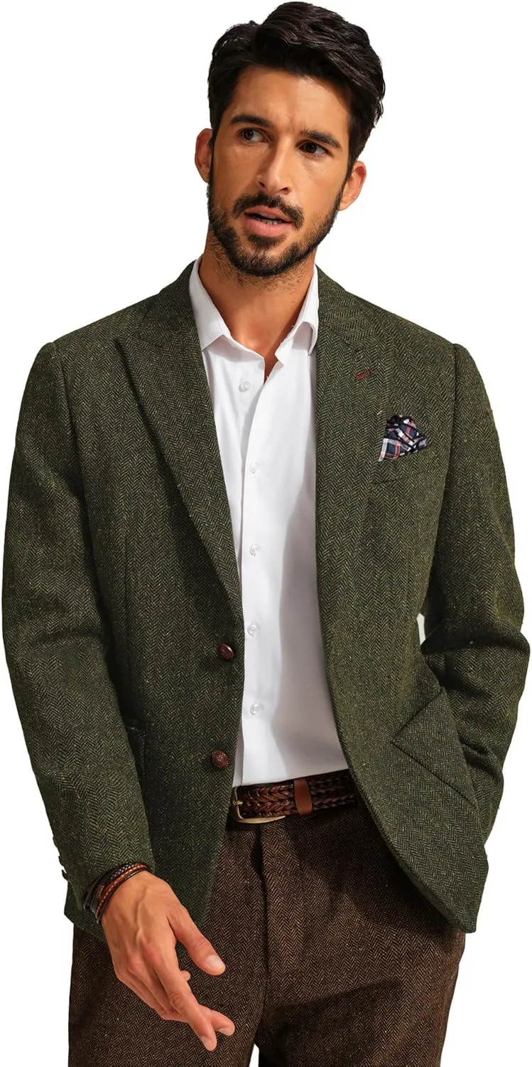 PJ PAUL JONES Mens Blazer Vintage Herringbone Tweed Blazer Two Button Wool Blend Sport Coat with Pocket Square