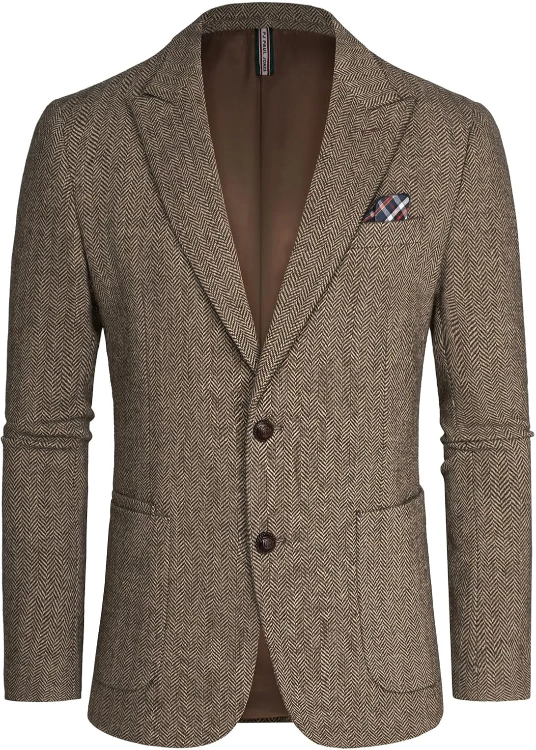 PJ PAUL JONES Mens Blazer Vintage Herringbone Tweed Blazer Two Button Wool Blend Sport Coat with Pocket Square