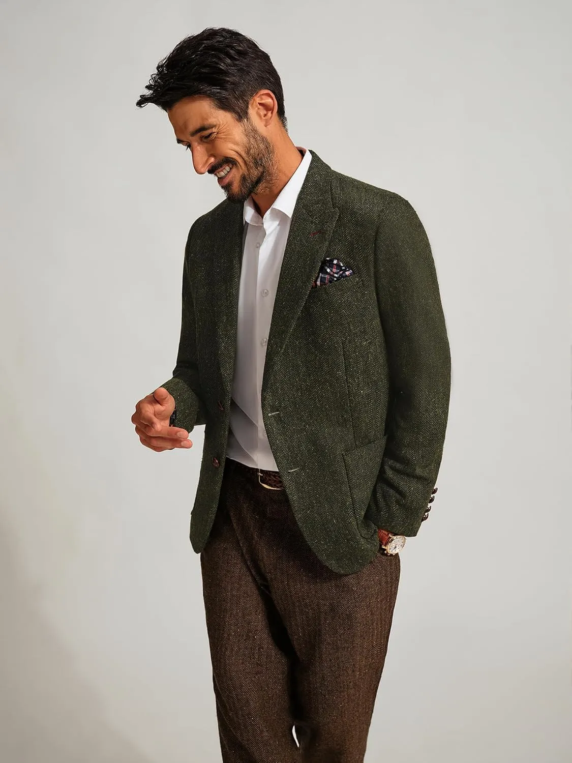 PJ PAUL JONES Mens Blazer Vintage Herringbone Tweed Blazer Two Button Wool Blend Sport Coat with Pocket Square