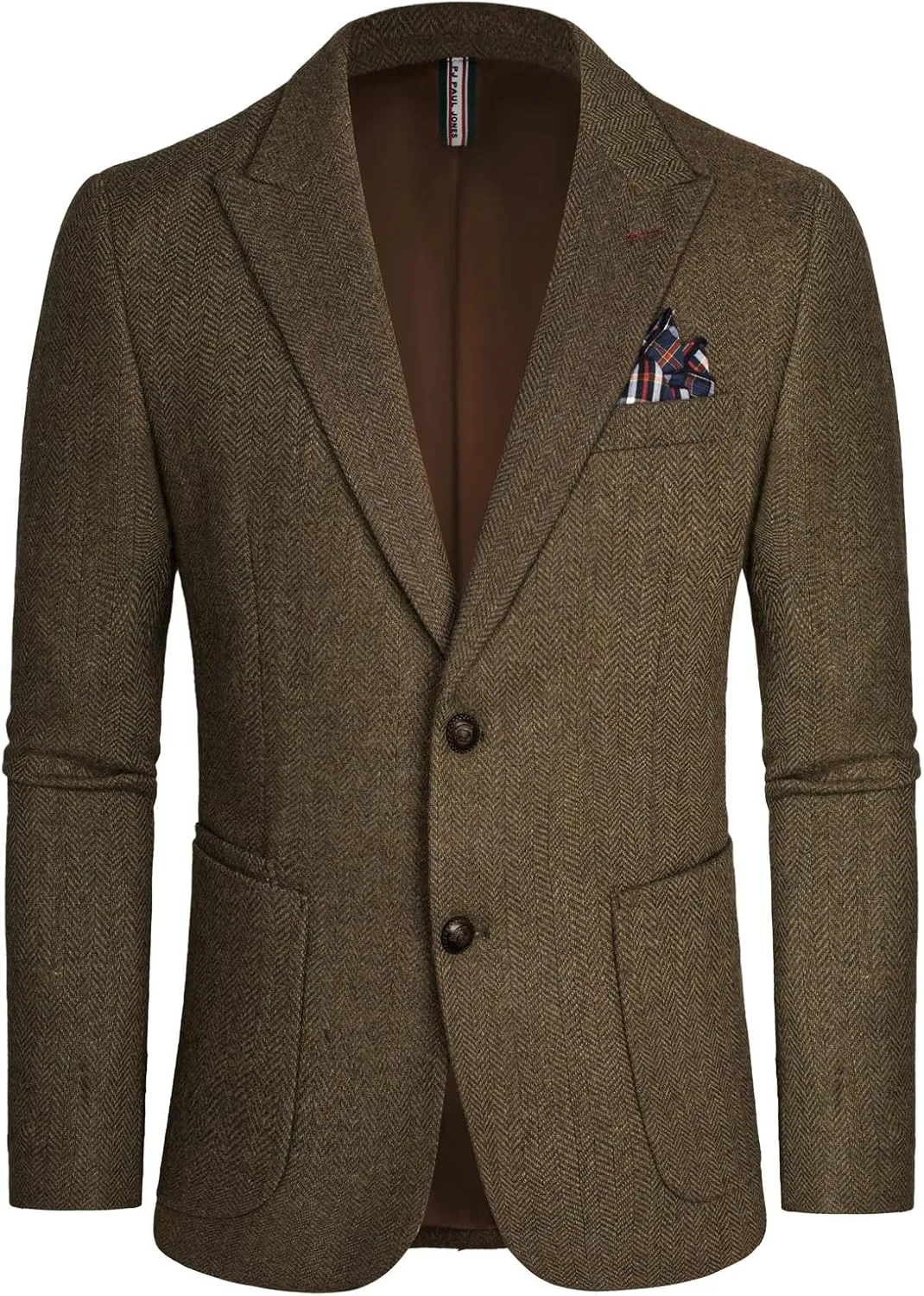 PJ PAUL JONES Mens Blazer Vintage Herringbone Tweed Blazer Two Button Wool Blend Sport Coat with Pocket Square