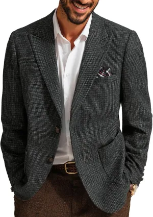 PJ PAUL JONES Mens Blazer Vintage Herringbone Tweed Blazer Two Button Wool Blend Sport Coat with Pocket Square