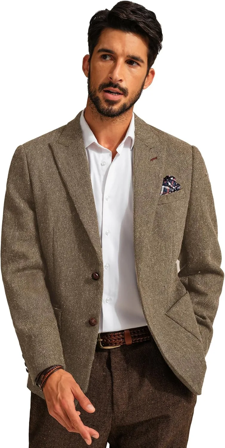 PJ PAUL JONES Mens Blazer Vintage Herringbone Tweed Blazer Two Button Wool Blend Sport Coat with Pocket Square