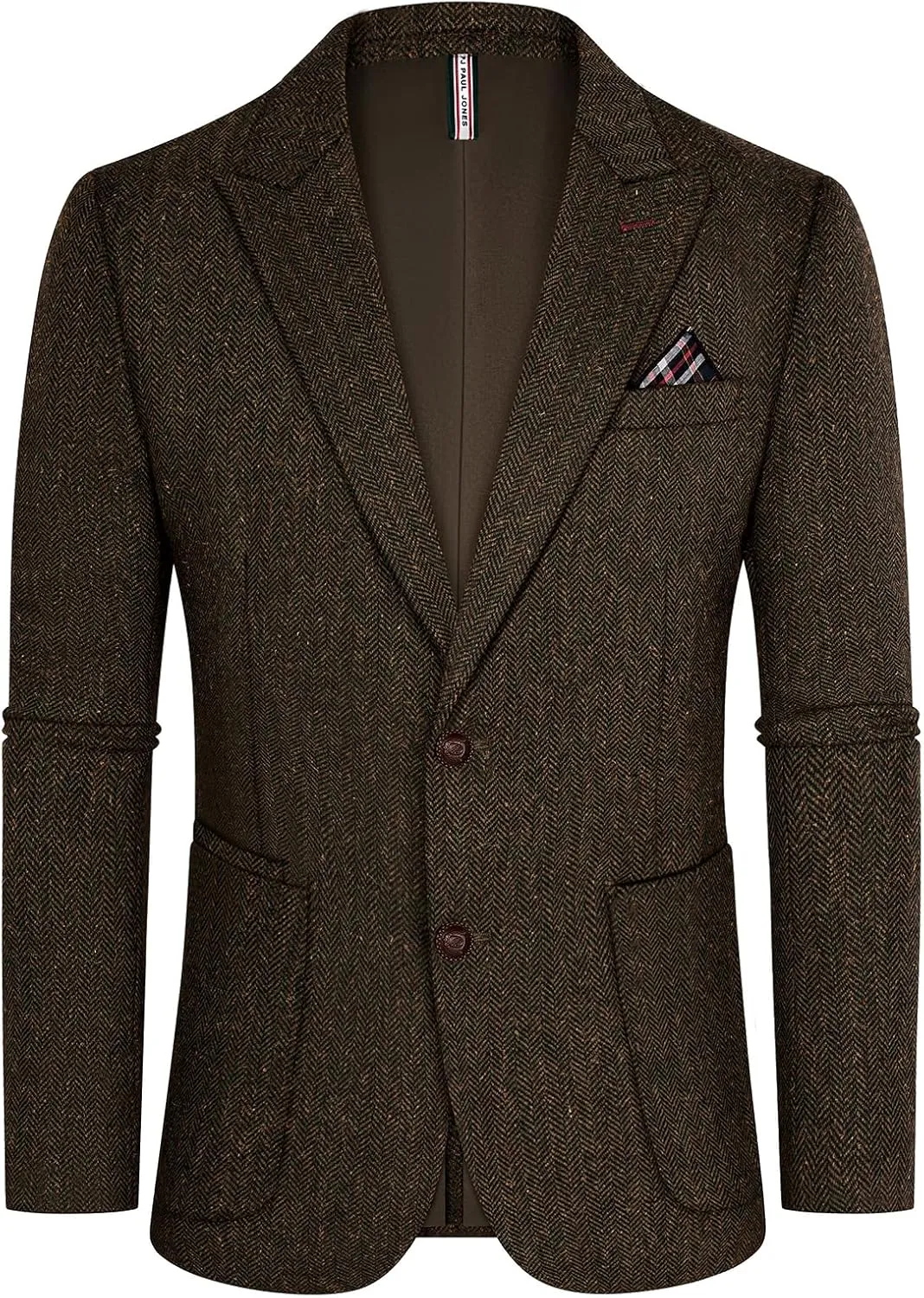 PJ PAUL JONES Mens Blazer Vintage Herringbone Tweed Blazer Two Button Wool Blend Sport Coat with Pocket Square