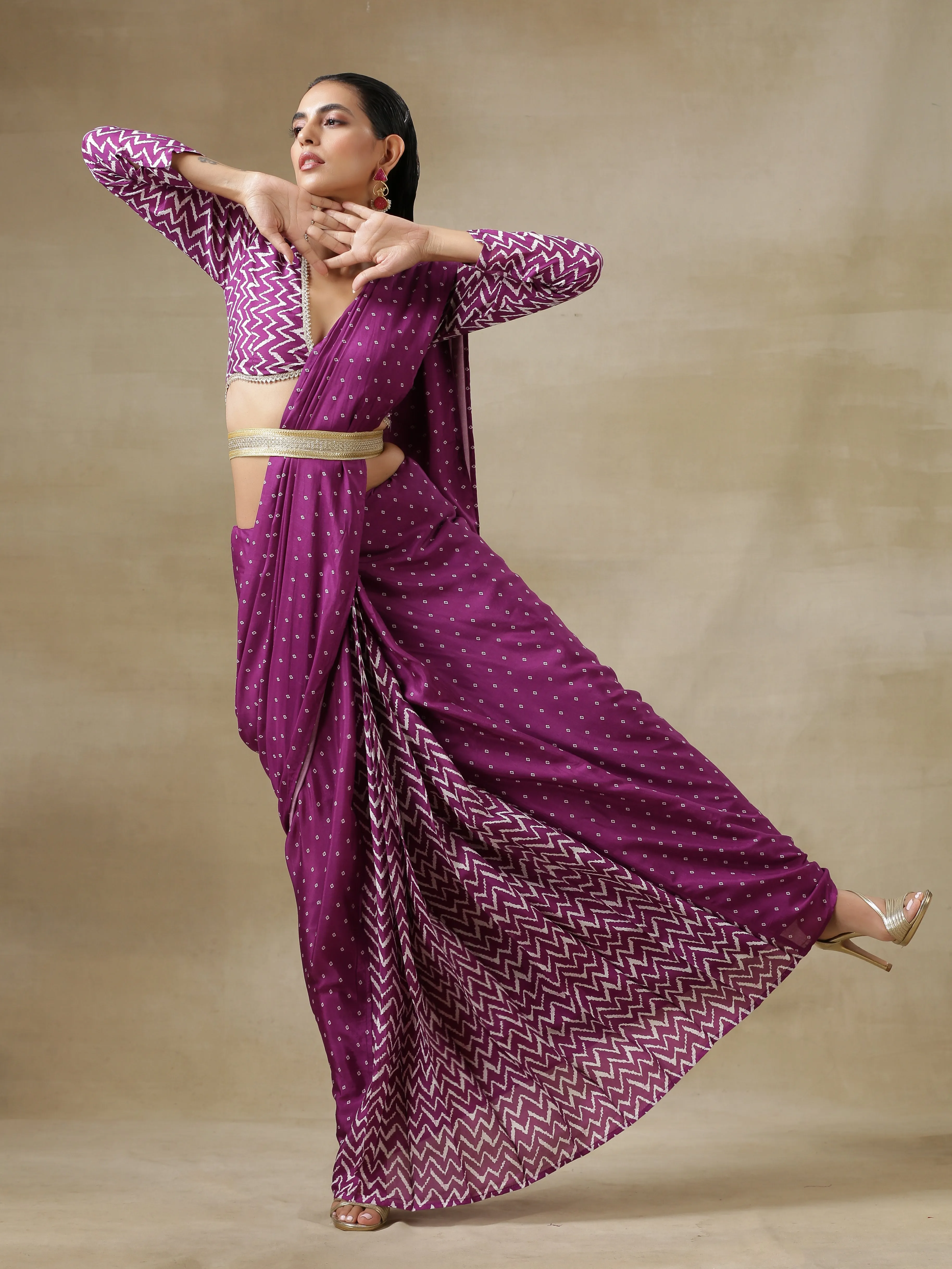 Purple Bandhani Printed Silk Ready To Wear Saree with Belt