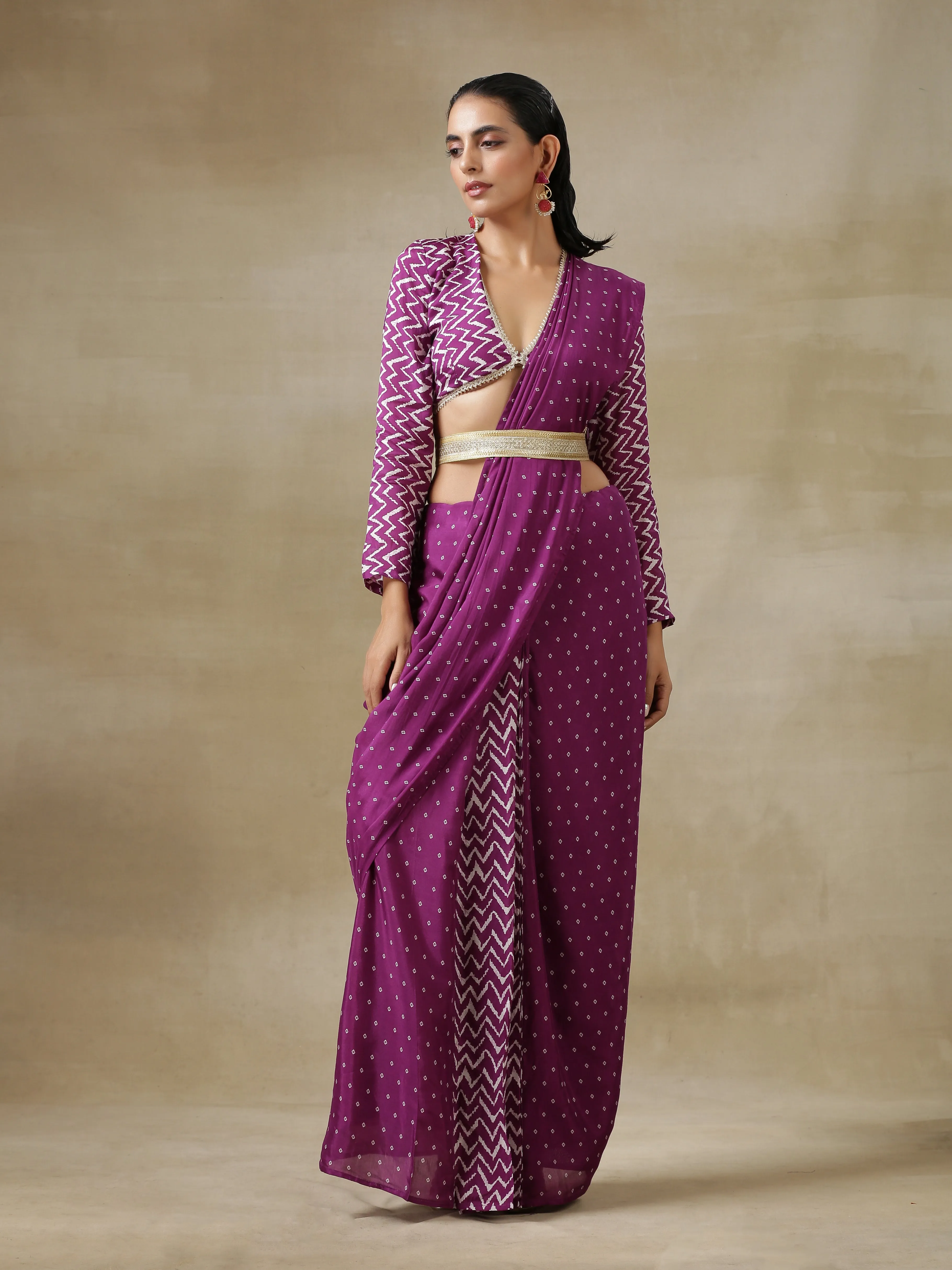 Purple Bandhani Printed Silk Ready To Wear Saree with Belt