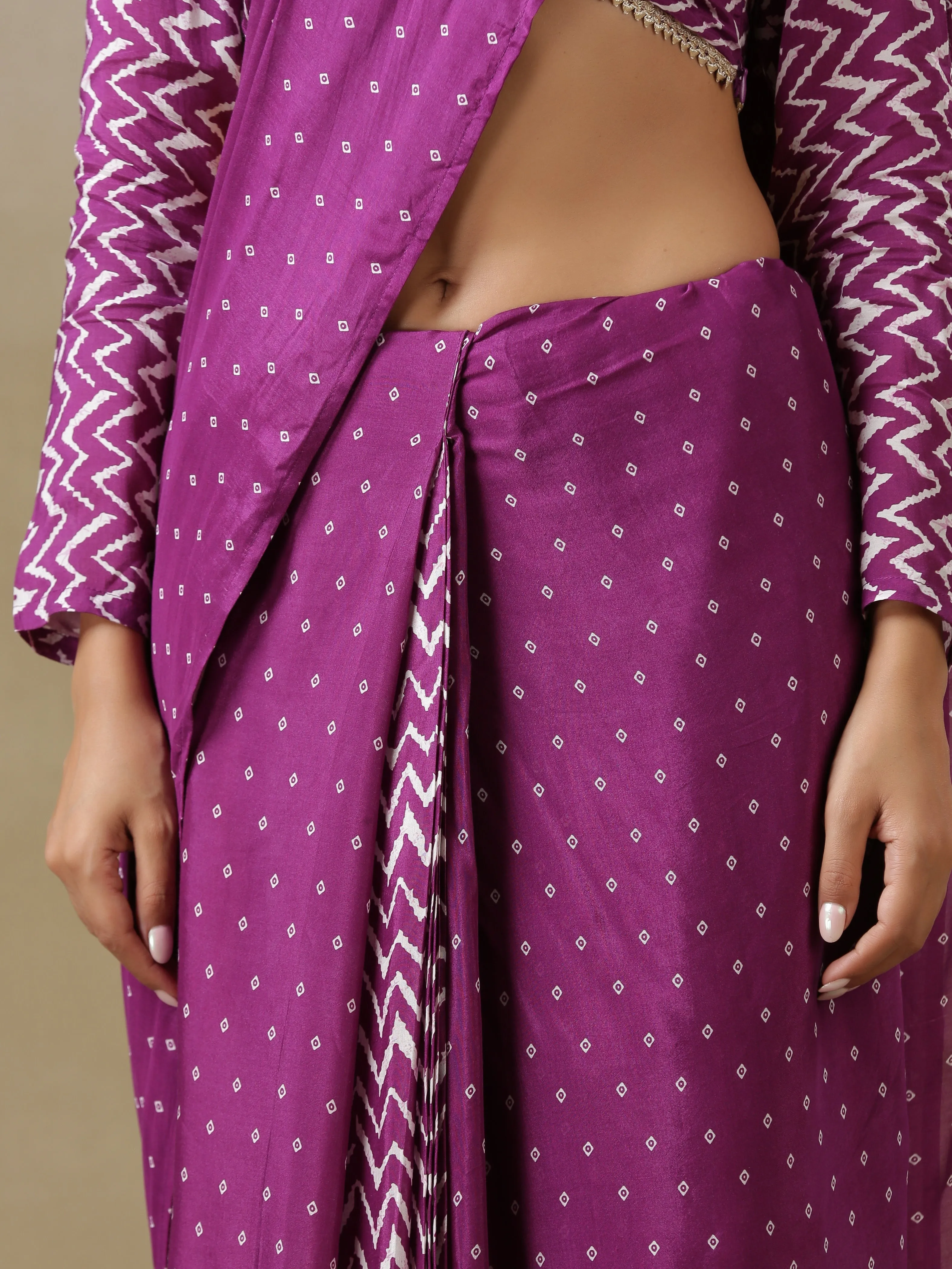 Purple Bandhani Printed Silk Ready To Wear Saree with Belt