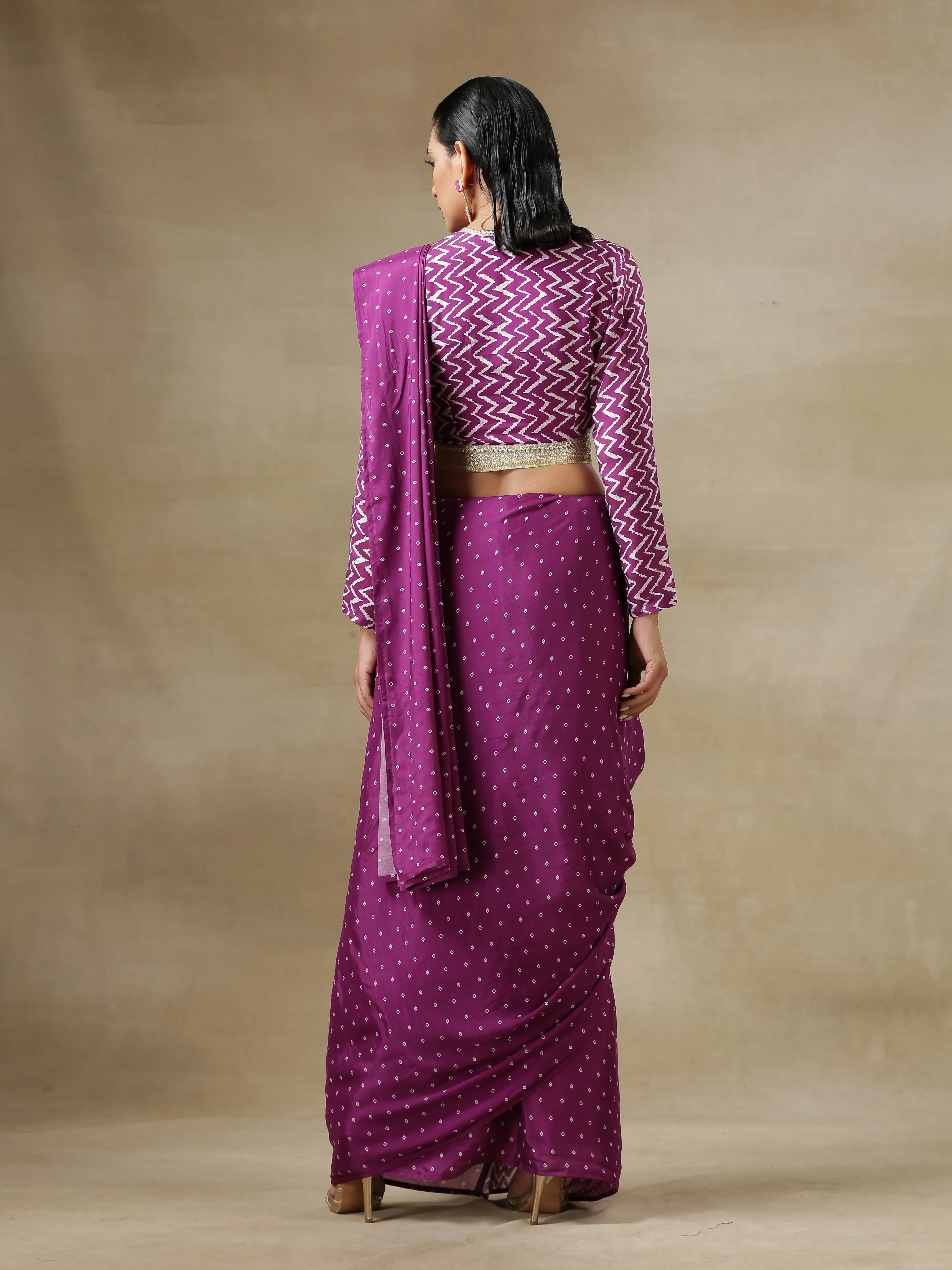 Purple Bandhani Printed Silk Ready To Wear Saree with Belt