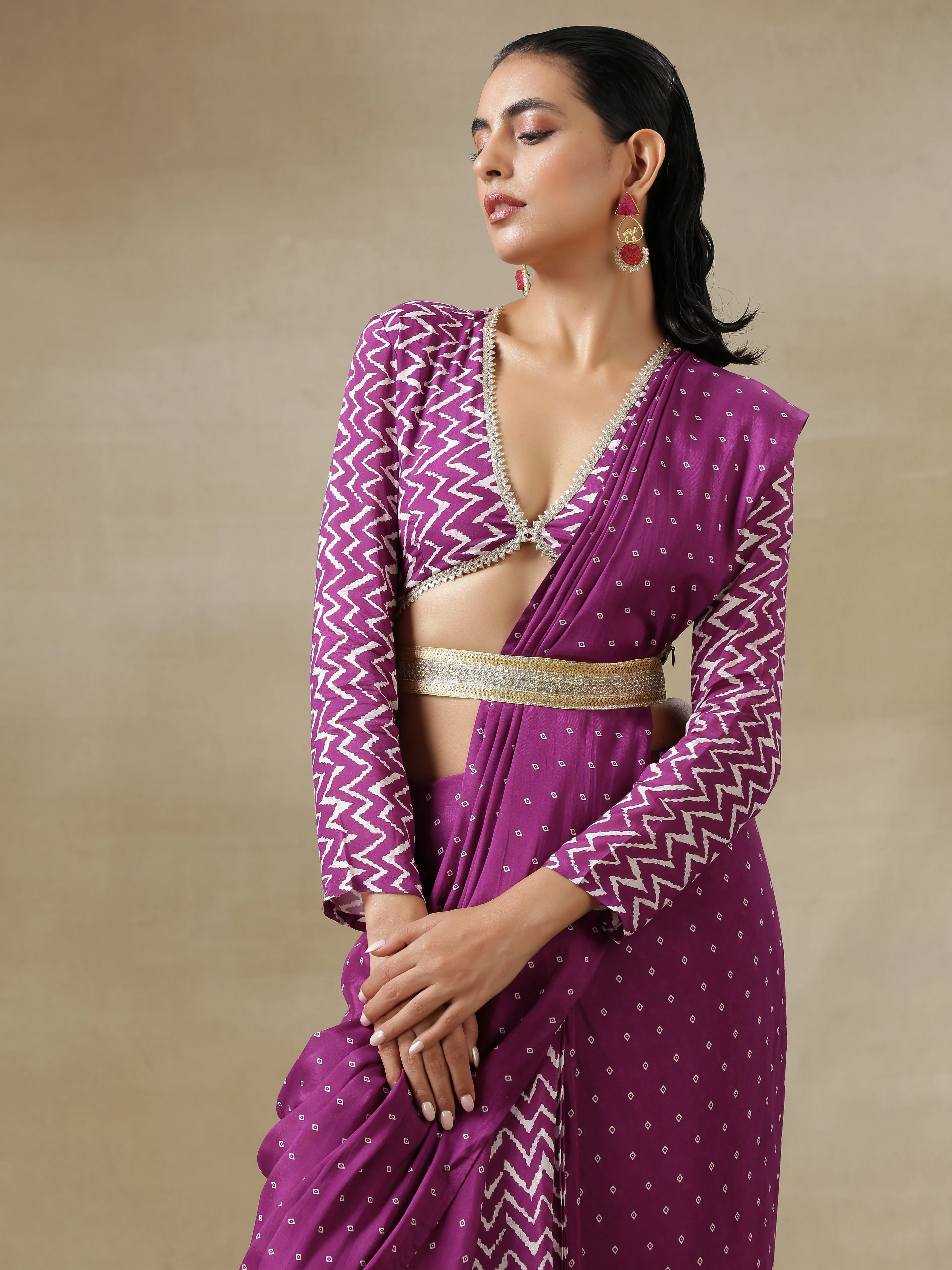 Purple Bandhani Printed Silk Ready To Wear Saree with Belt