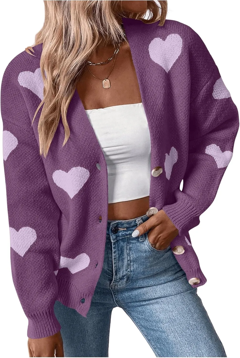 SHENHE Women's Button Down Cardigan Cute Heart Print V Neck Soft Cardigan Sweater Coat