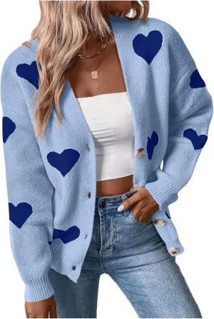 SHENHE Women's Button Down Cardigan Cute Heart Print V Neck Soft Cardigan Sweater Coat