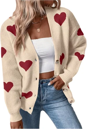 SHENHE Women's Button Down Cardigan Cute Heart Print V Neck Soft Cardigan Sweater Coat