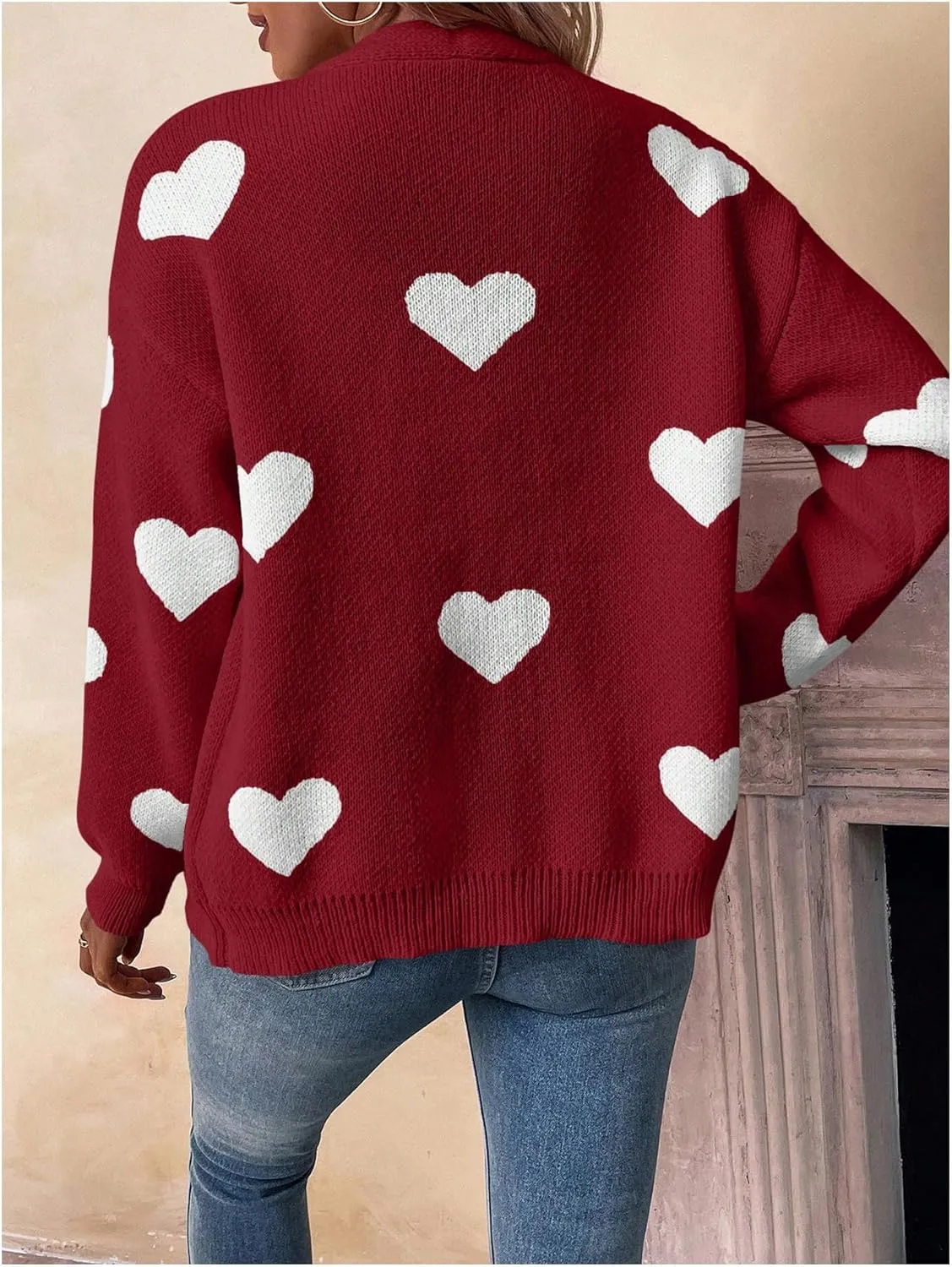SHENHE Women's Button Down Cardigan Cute Heart Print V Neck Soft Cardigan Sweater Coat