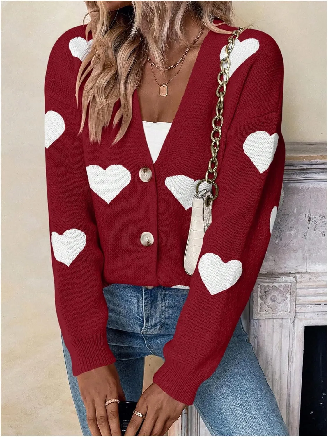 SHENHE Women's Button Down Cardigan Cute Heart Print V Neck Soft Cardigan Sweater Coat