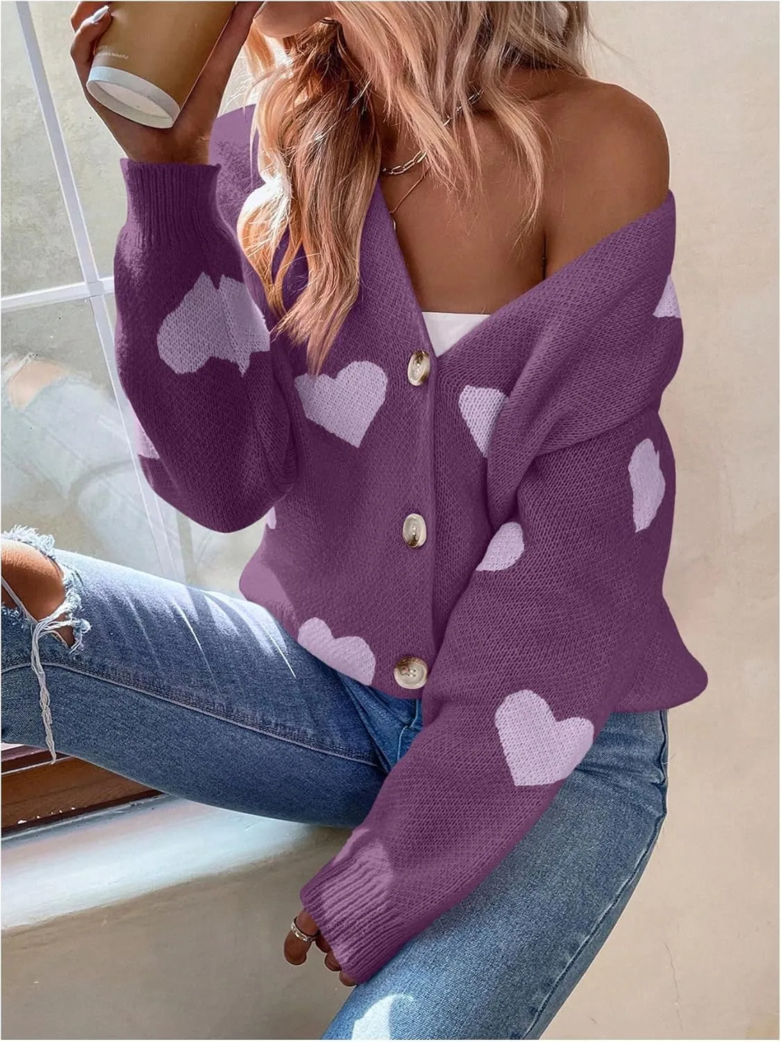 SHENHE Women's Button Down Cardigan Cute Heart Print V Neck Soft Cardigan Sweater Coat