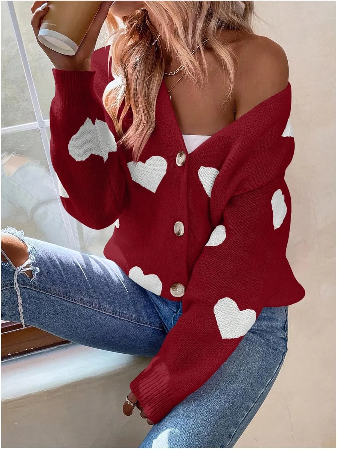 SHENHE Women's Button Down Cardigan Cute Heart Print V Neck Soft Cardigan Sweater Coat