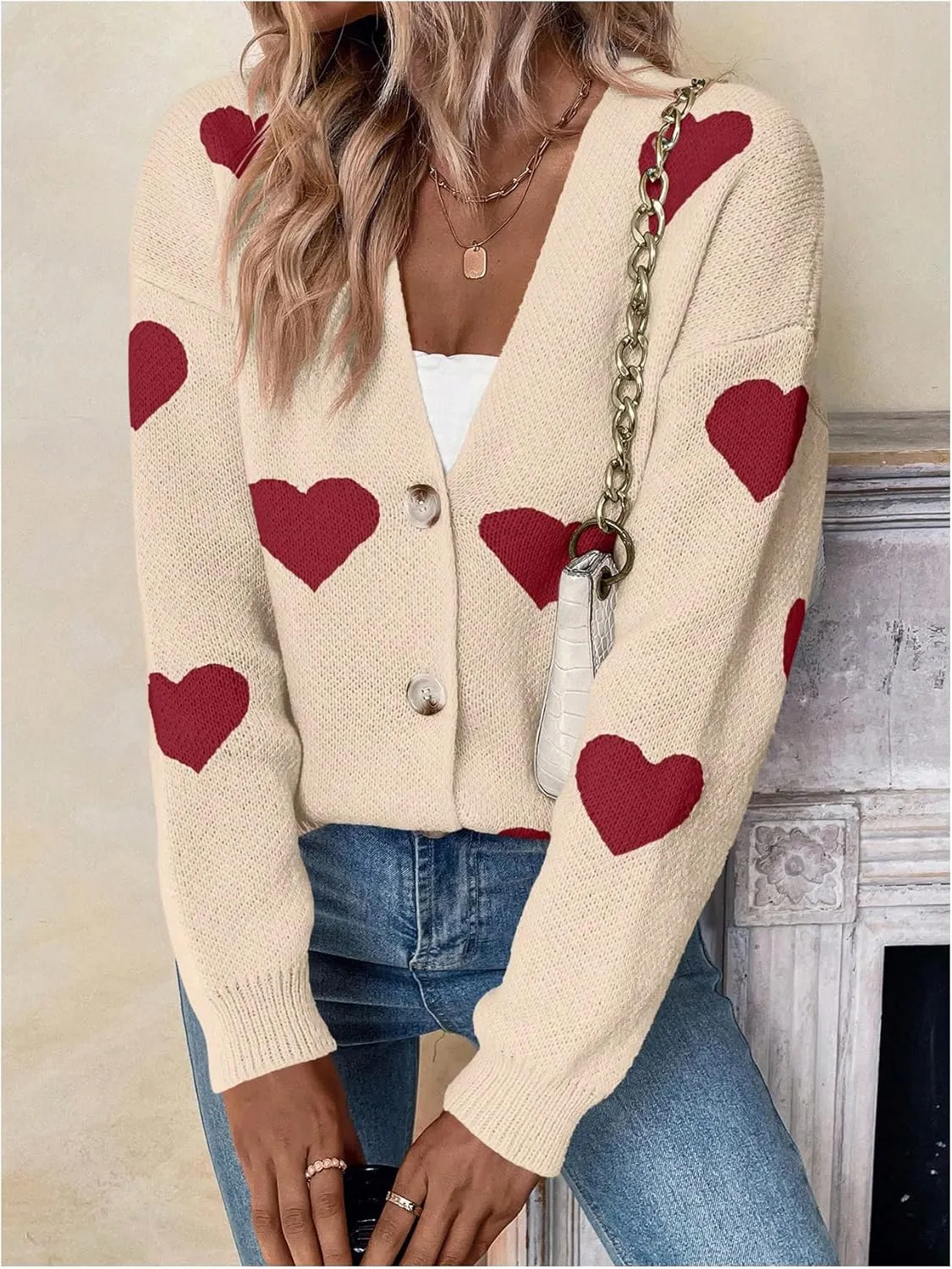 SHENHE Women's Button Down Cardigan Cute Heart Print V Neck Soft Cardigan Sweater Coat