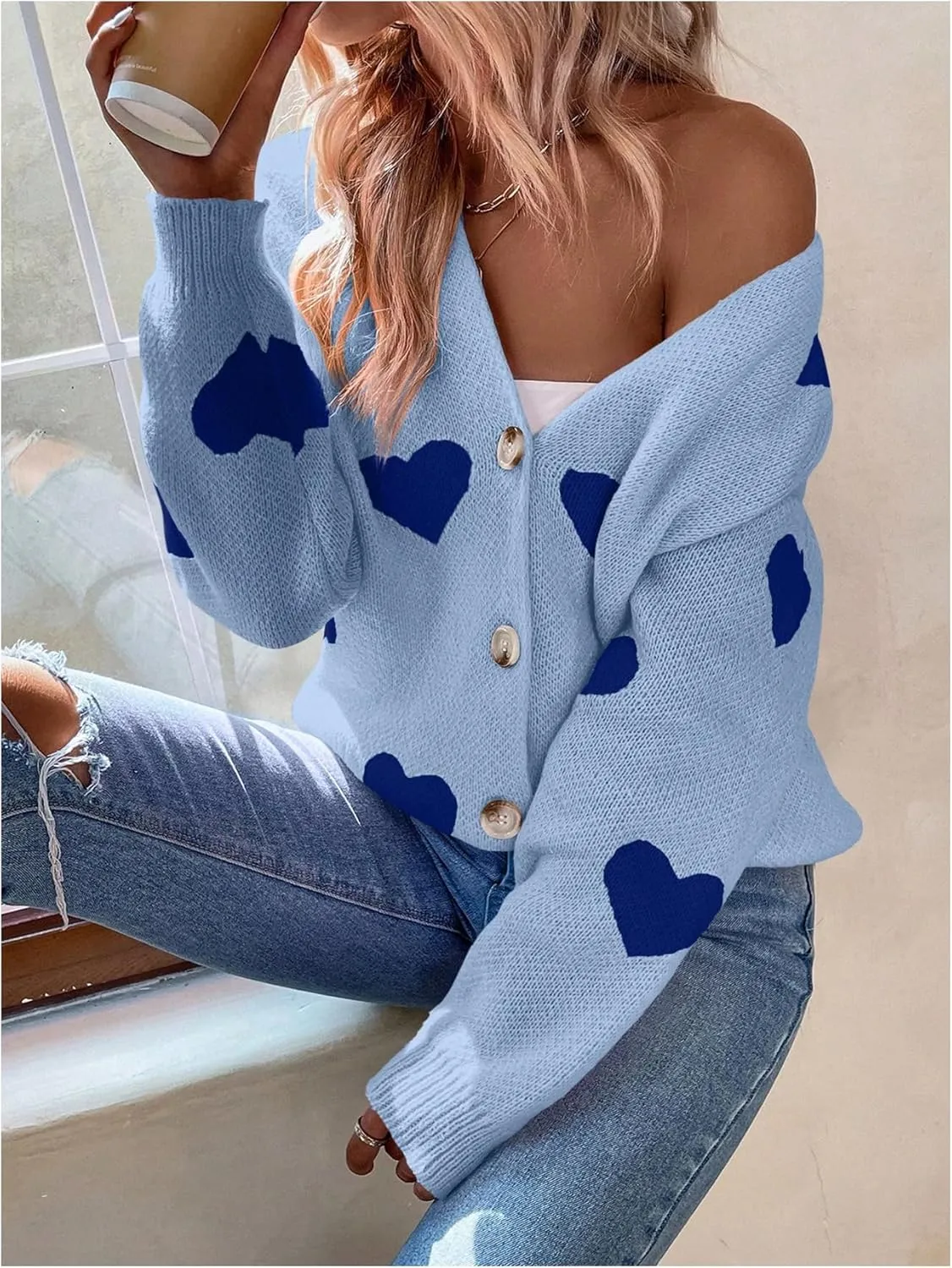 SHENHE Women's Button Down Cardigan Cute Heart Print V Neck Soft Cardigan Sweater Coat