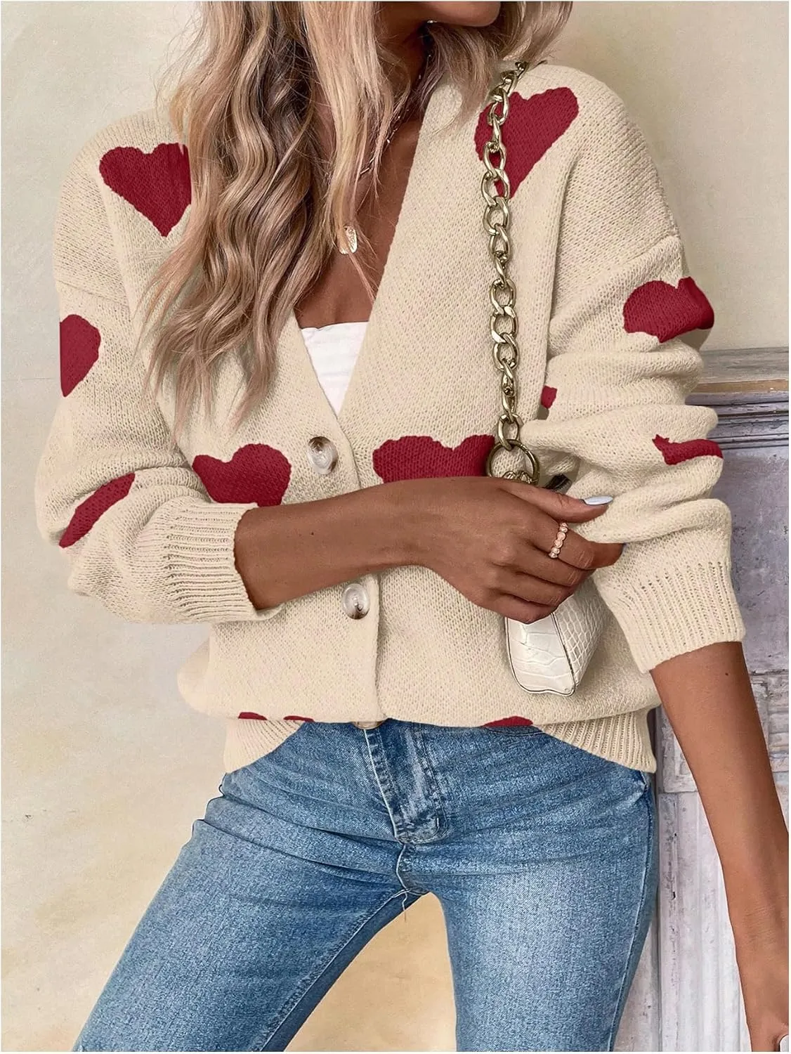SHENHE Women's Button Down Cardigan Cute Heart Print V Neck Soft Cardigan Sweater Coat