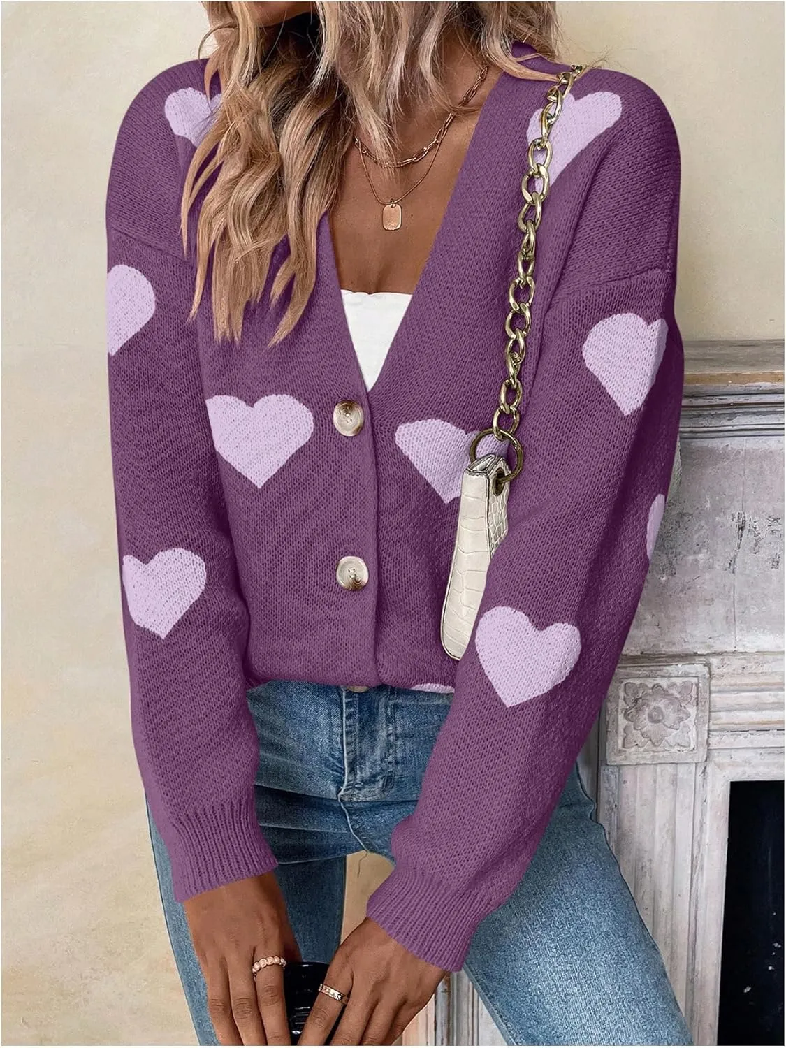 SHENHE Women's Button Down Cardigan Cute Heart Print V Neck Soft Cardigan Sweater Coat