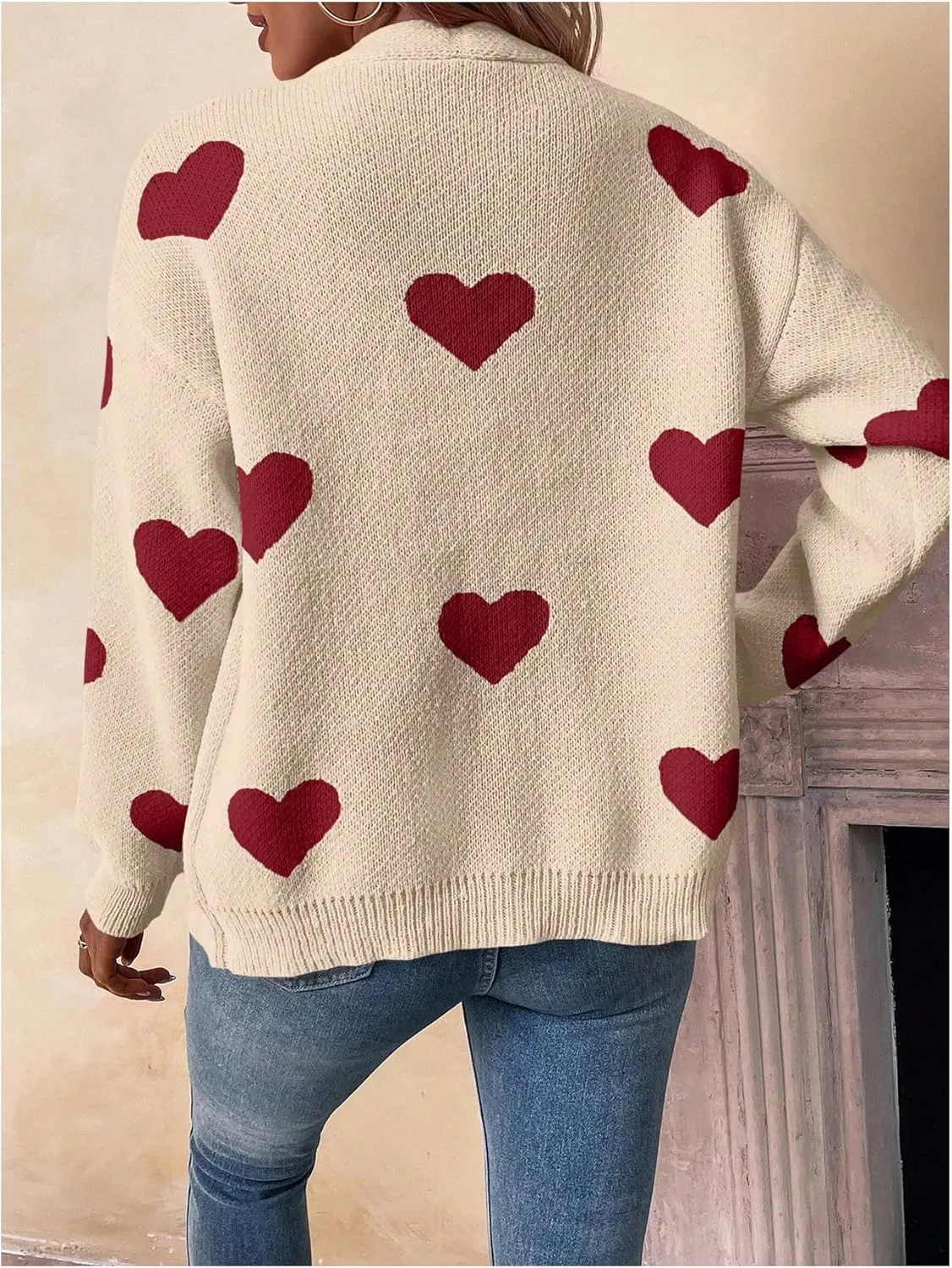 SHENHE Women's Button Down Cardigan Cute Heart Print V Neck Soft Cardigan Sweater Coat
