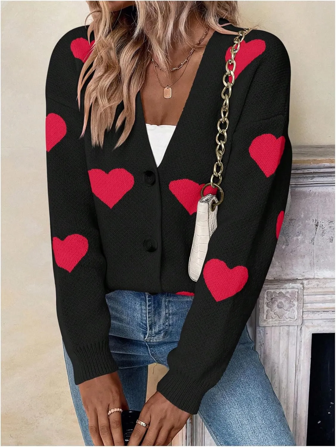 SHENHE Women's Button Down Cardigan Cute Heart Print V Neck Soft Cardigan Sweater Coat