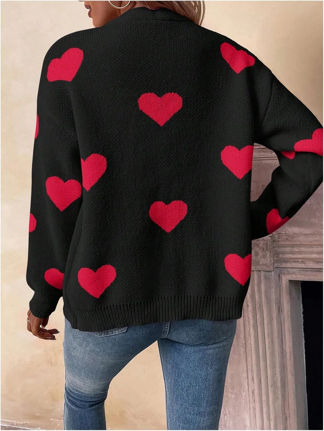 SHENHE Women's Button Down Cardigan Cute Heart Print V Neck Soft Cardigan Sweater Coat