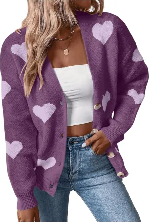 SHENHE Women's Button Down Cardigan Cute Heart Print V Neck Soft Cardigan Sweater Coat