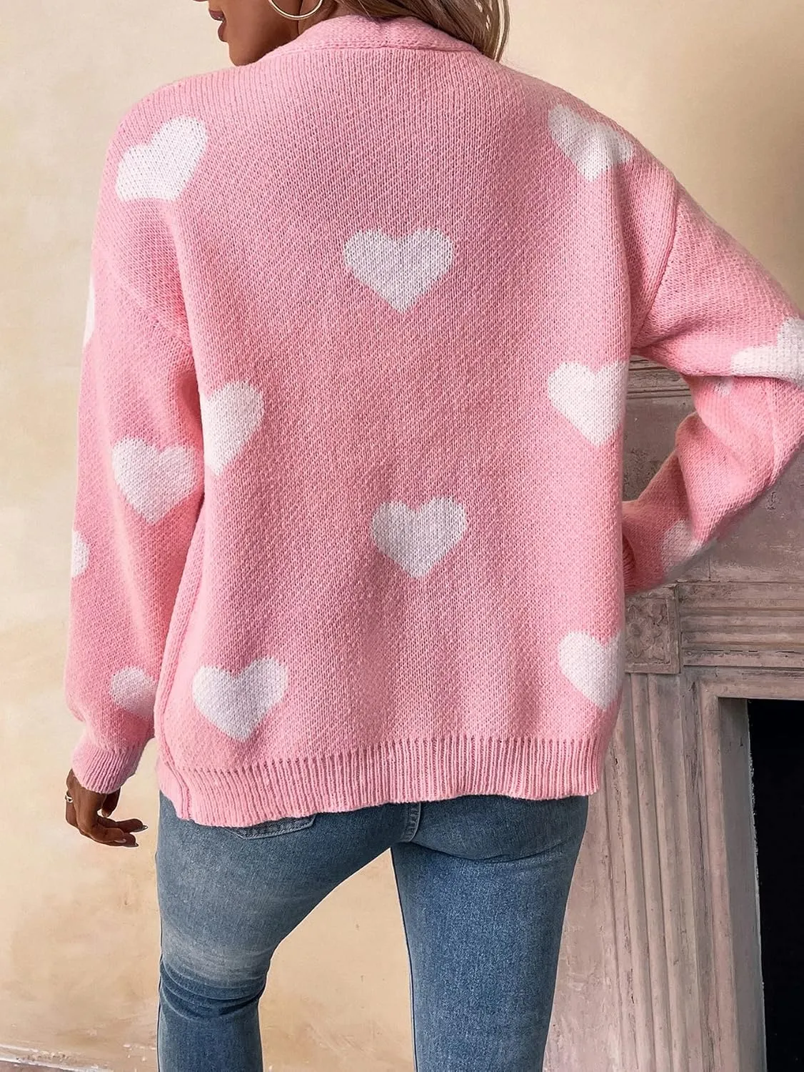 SHENHE Women's Button Down Cardigan Cute Heart Print V Neck Soft Cardigan Sweater Coat