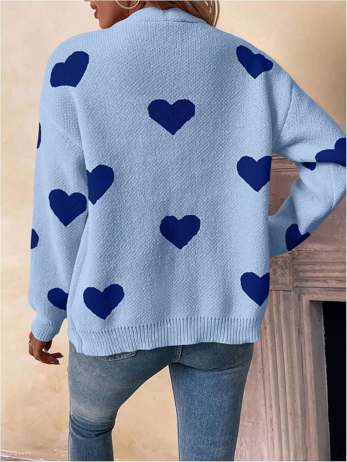 SHENHE Women's Button Down Cardigan Cute Heart Print V Neck Soft Cardigan Sweater Coat