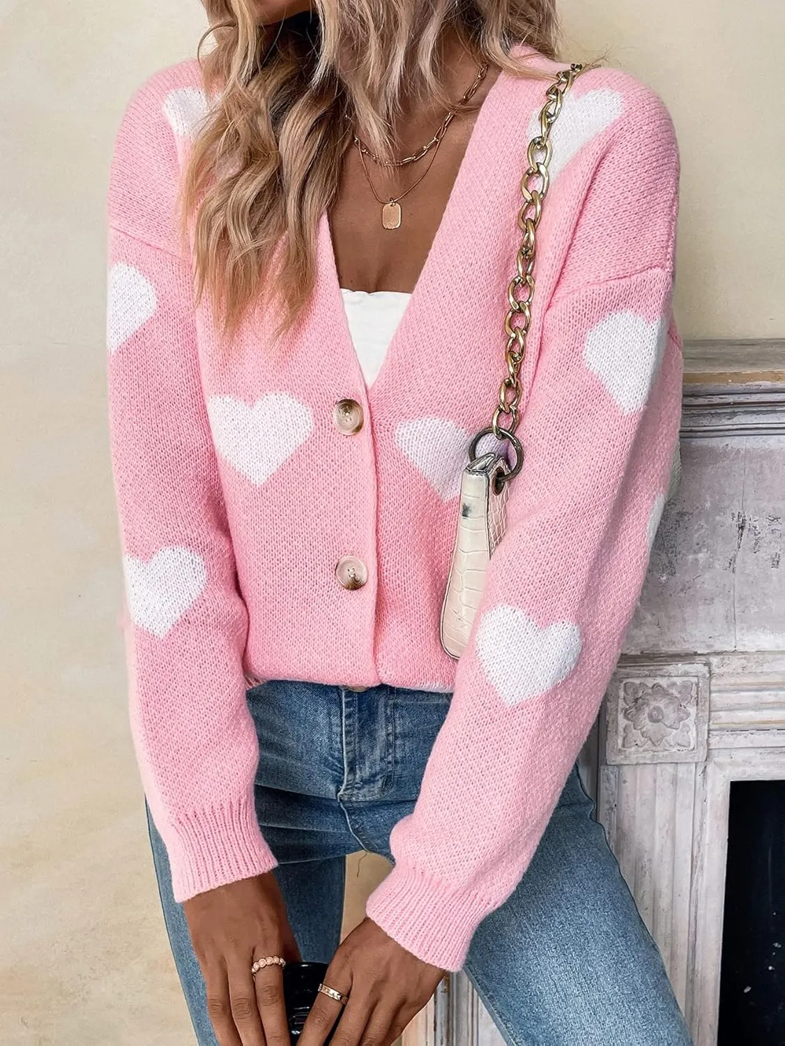 SHENHE Women's Button Down Cardigan Cute Heart Print V Neck Soft Cardigan Sweater Coat