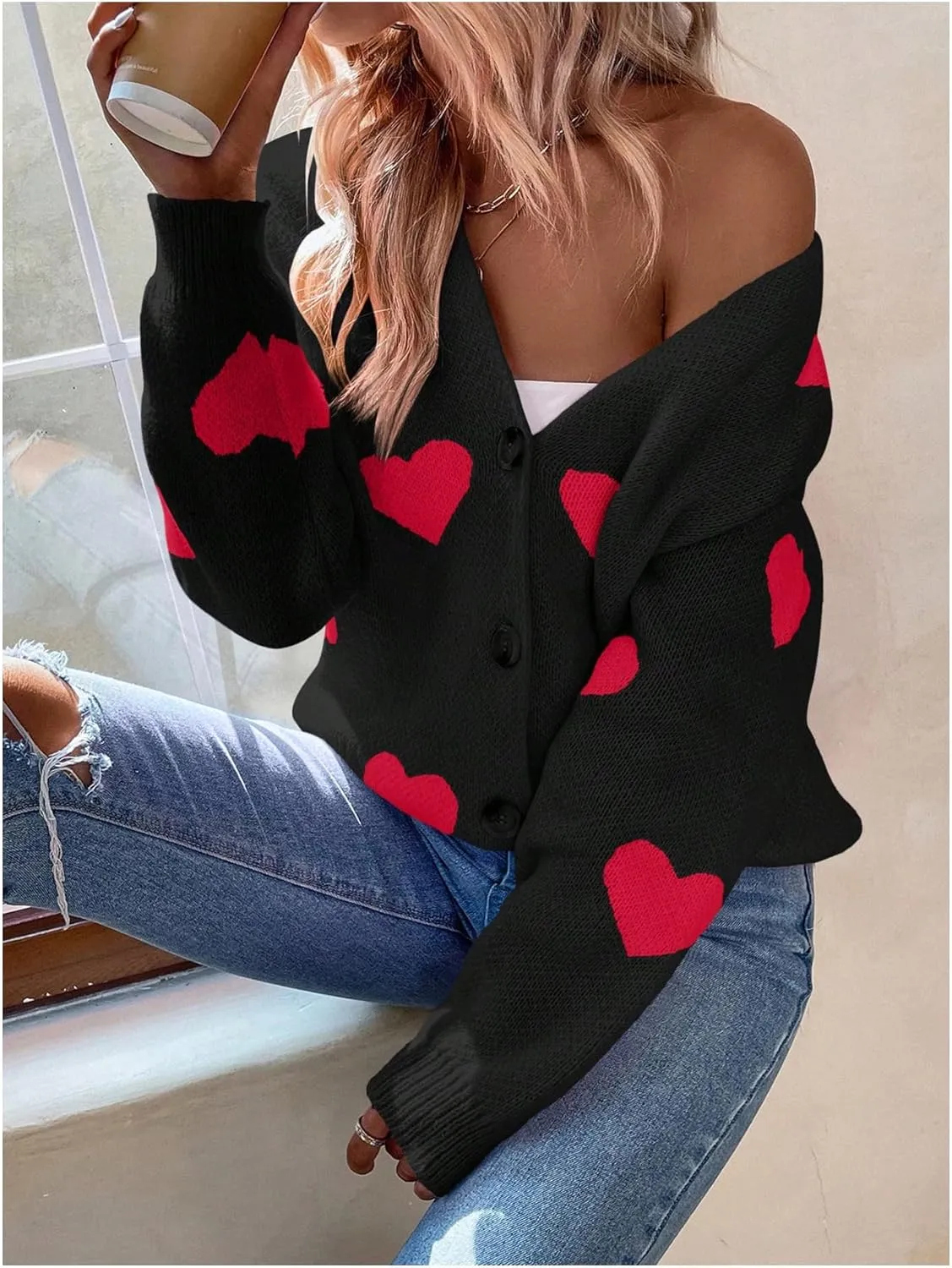 SHENHE Women's Button Down Cardigan Cute Heart Print V Neck Soft Cardigan Sweater Coat