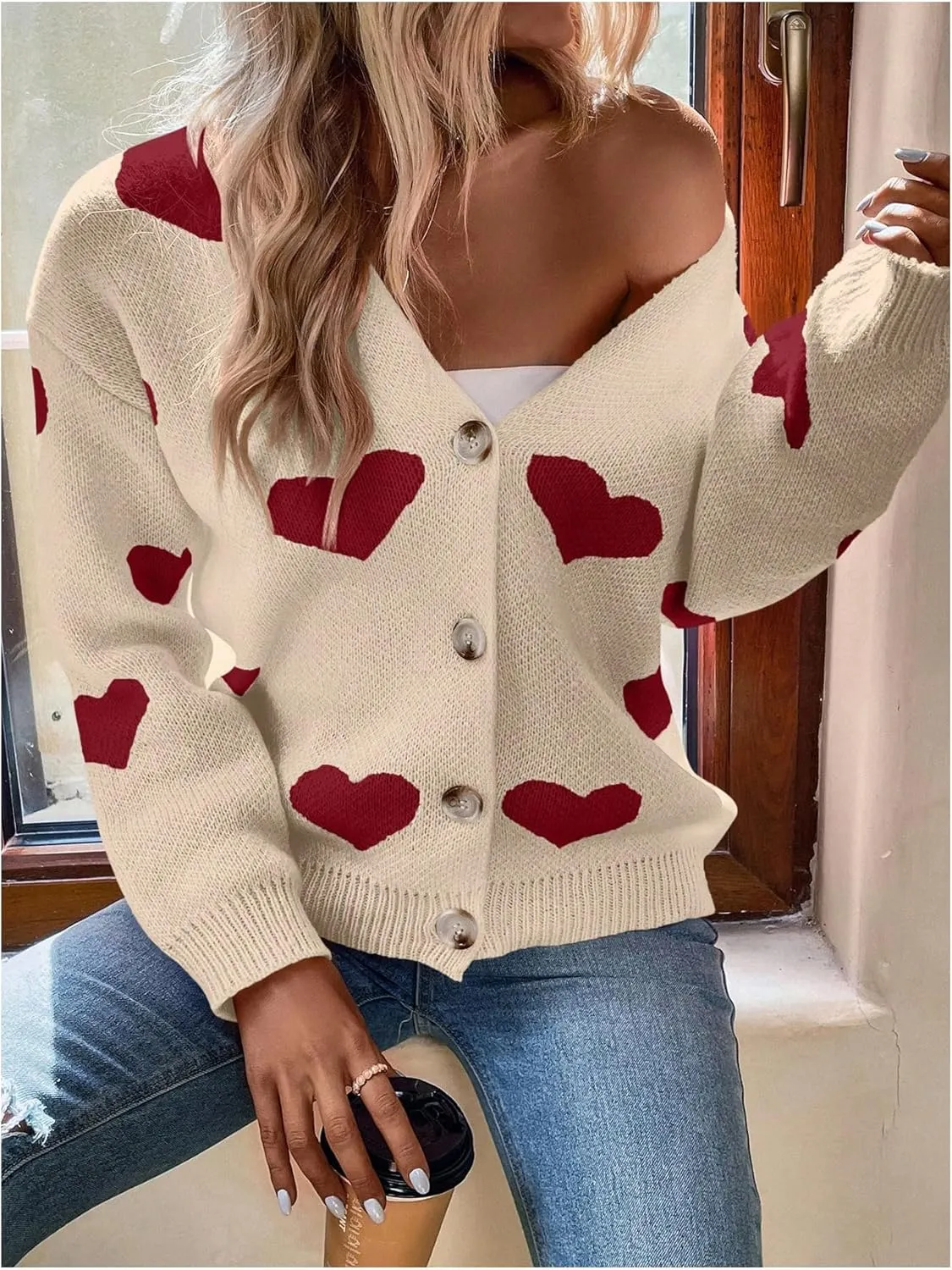 SHENHE Women's Button Down Cardigan Cute Heart Print V Neck Soft Cardigan Sweater Coat